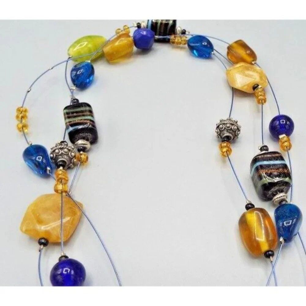 Chico's Bohemian Triple Strand Wire Glass Blue Citrine Bead Short 20